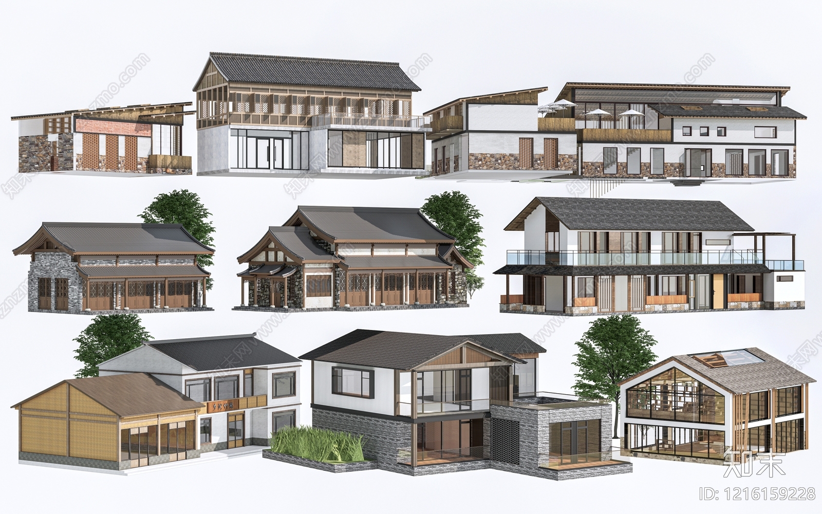 新中式民宿建筑SU模型下载【ID:1216159228】