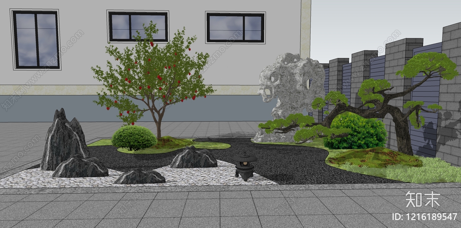 新中式景观别墅庭院小品SU模型下载【ID:1216189547】