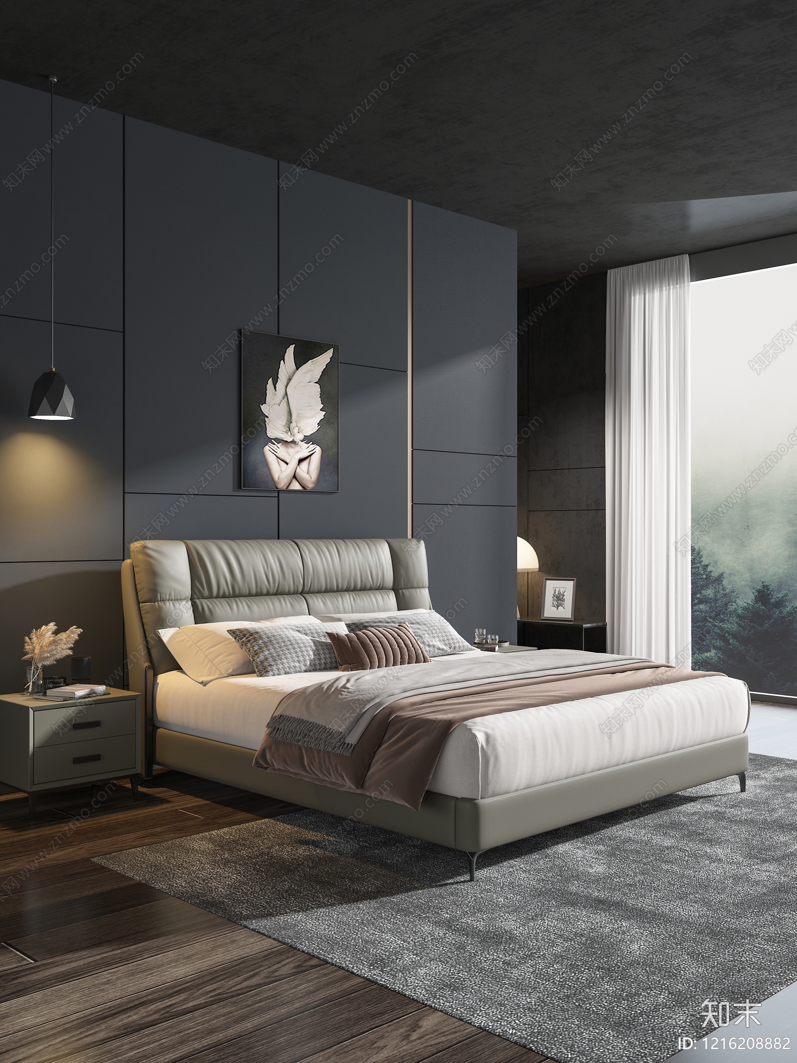 意式极简双人床3D模型下载【ID:1216208882】