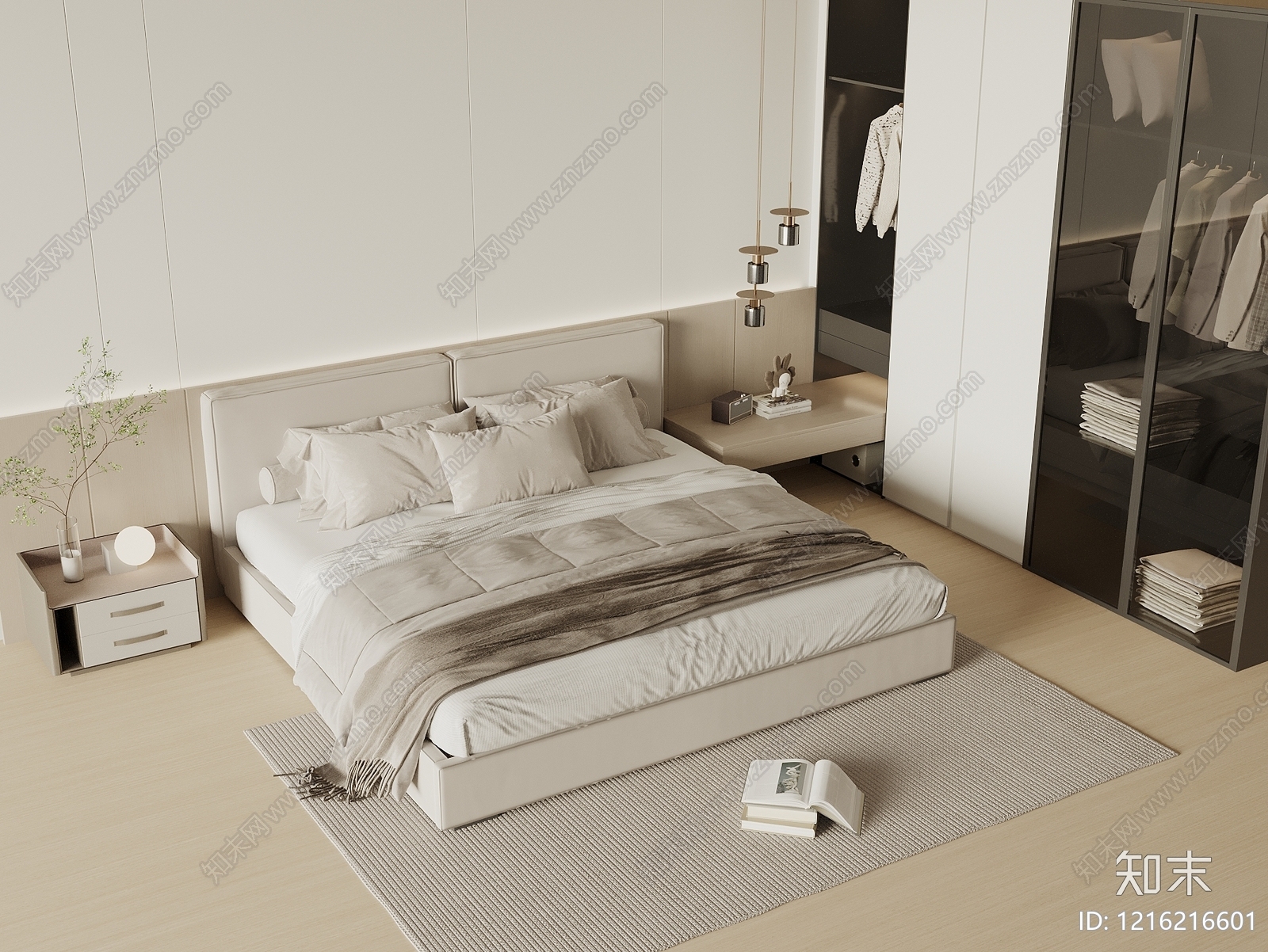 奶油风双人床3D模型下载【ID:1216216601】