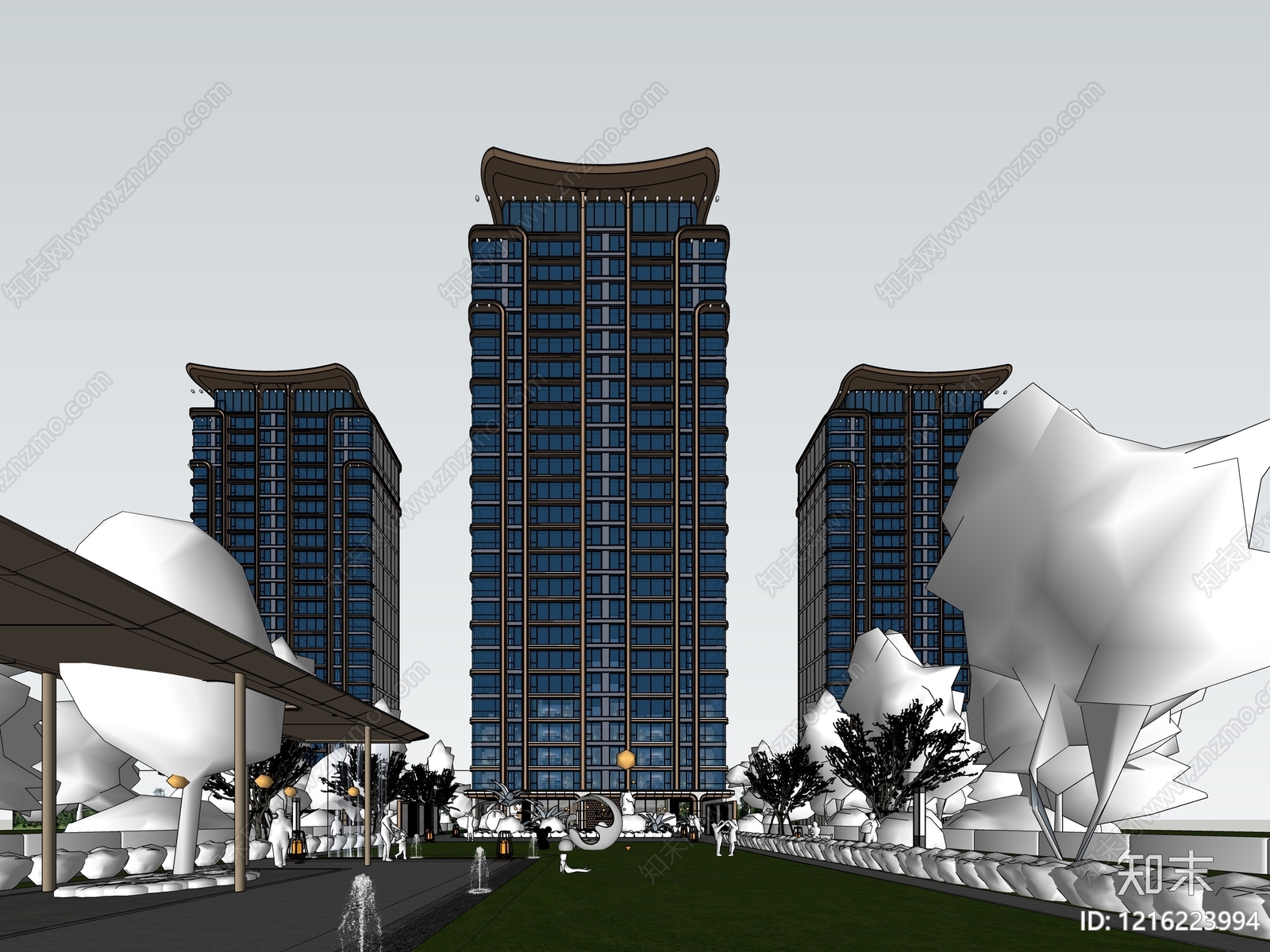 现代新中式高层住宅SU模型下载【ID:1216223994】