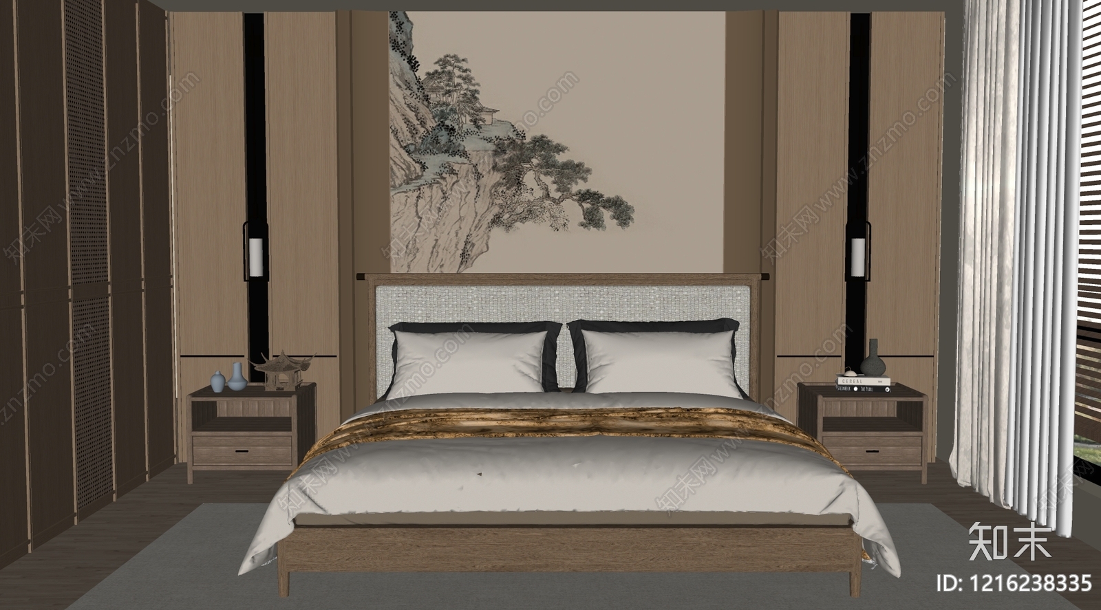 新中式家居卧室SU模型下载【ID:1216238335】