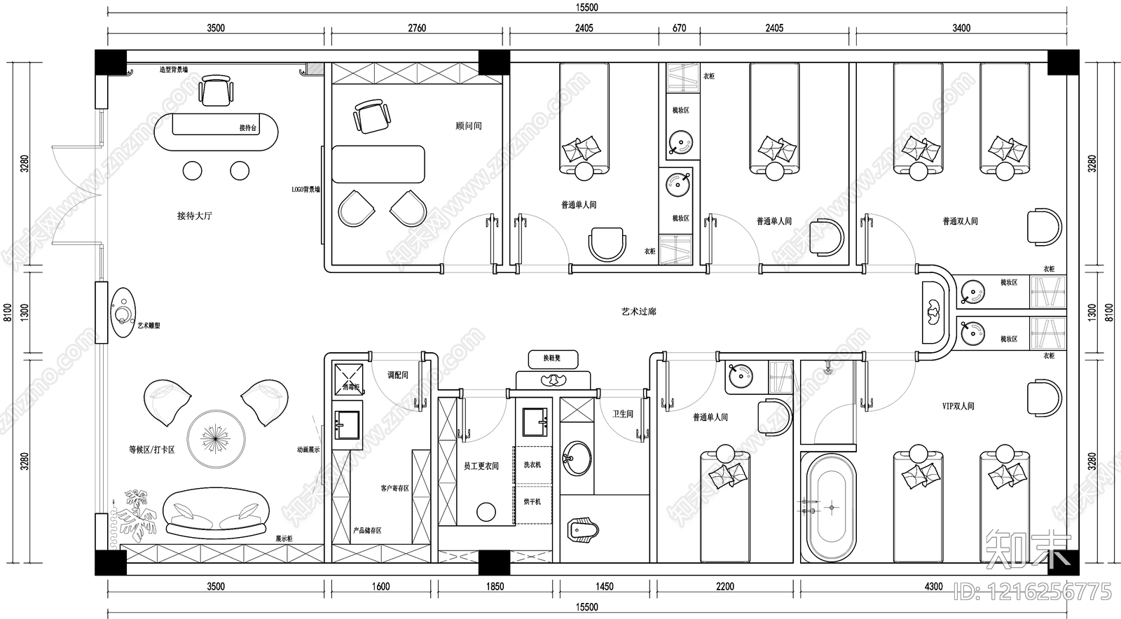 现代法式美容院cad施工图下载【ID:1216256775】