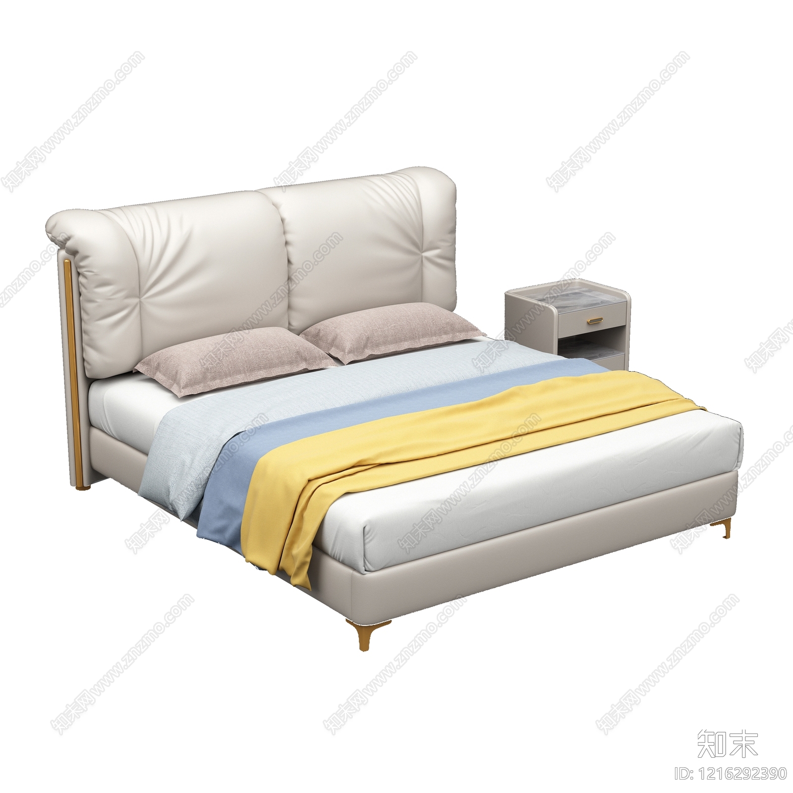 奶油风双人床3D模型下载【ID:1216292390】