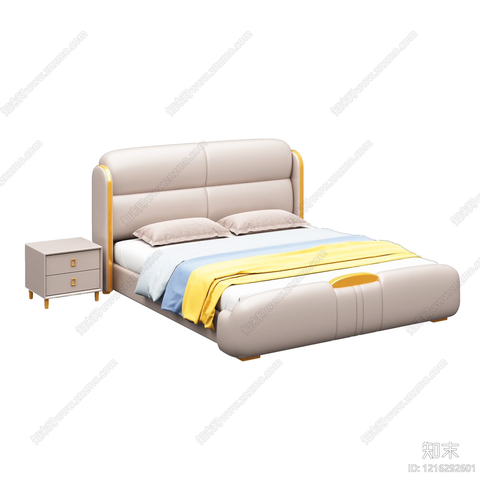 奶油风双人床3D模型下载【ID:1216292601】
