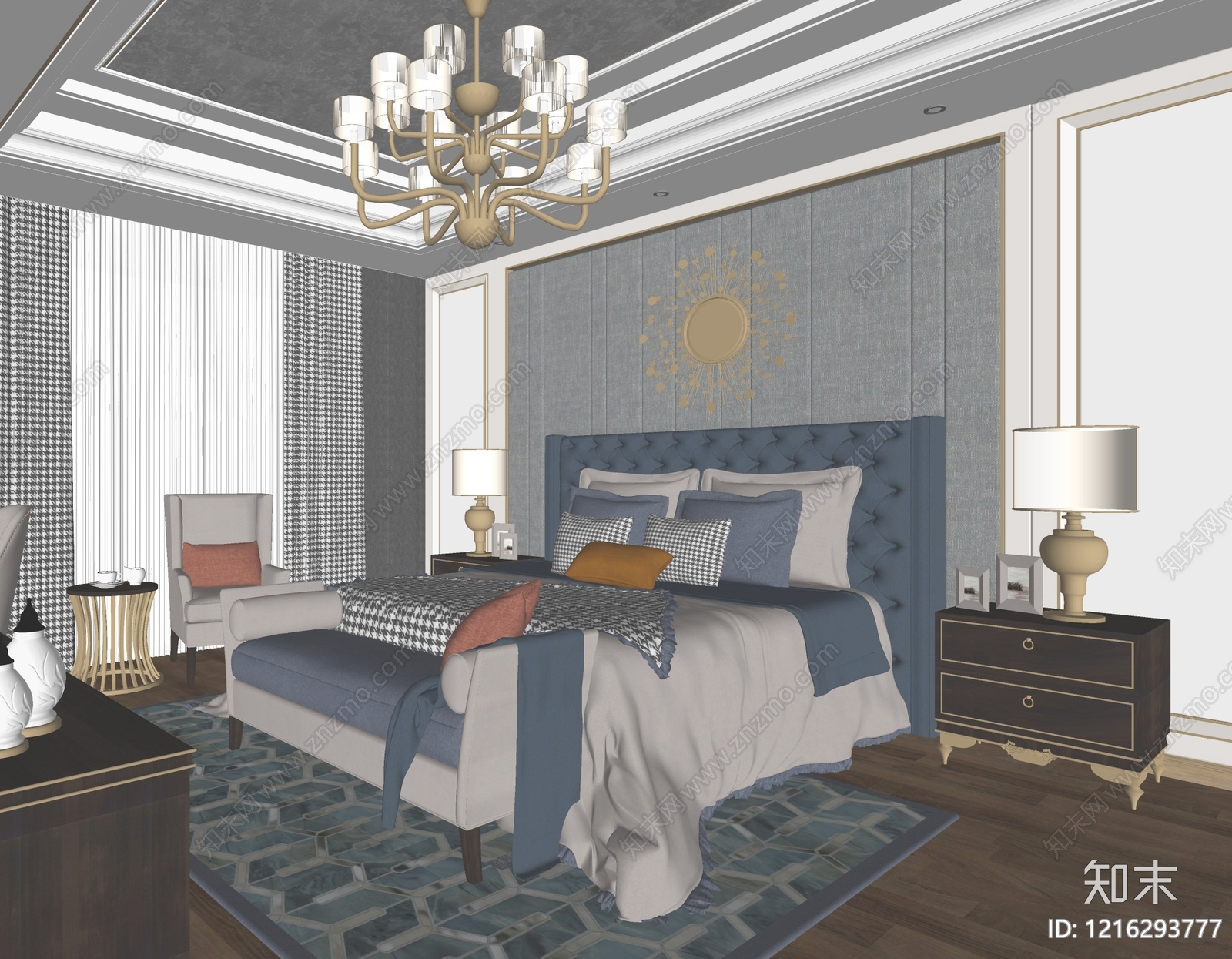 美式轻奢主卧SU模型下载【ID:1216293777】