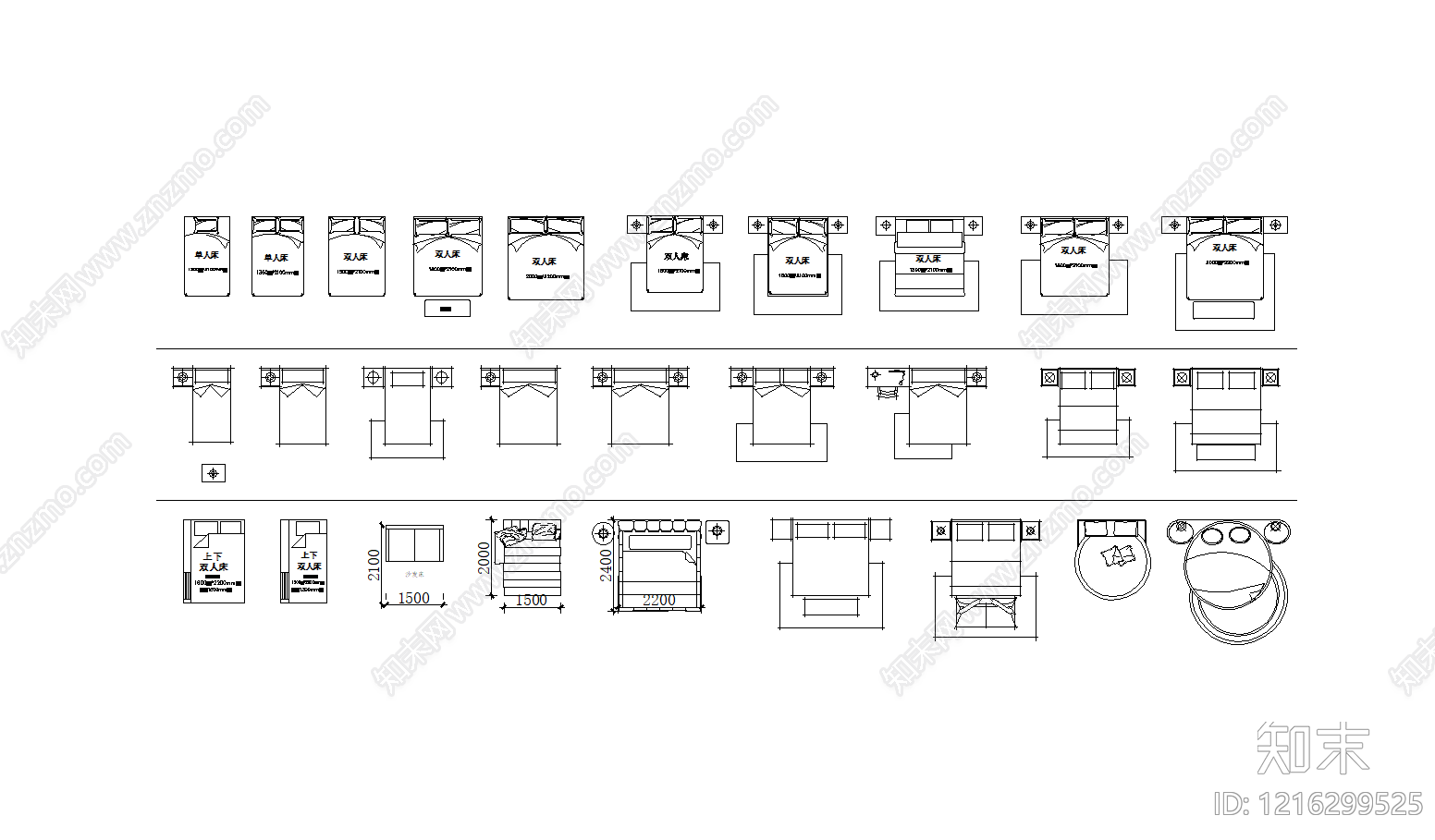 现代简约床施工图下载【ID:1216299525】