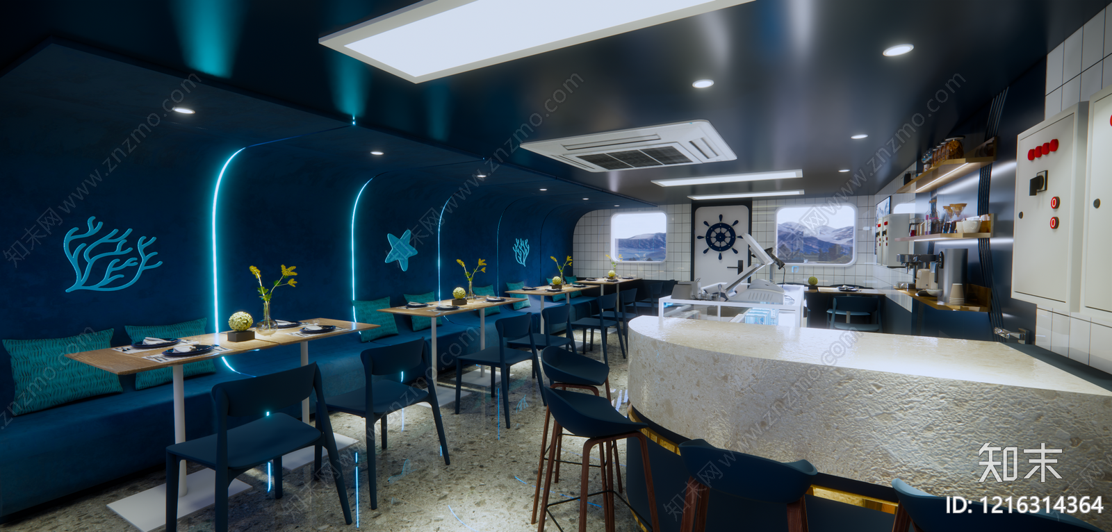 海洋主题现代简约风酒店餐厅SU模型下载【ID:1216314364】