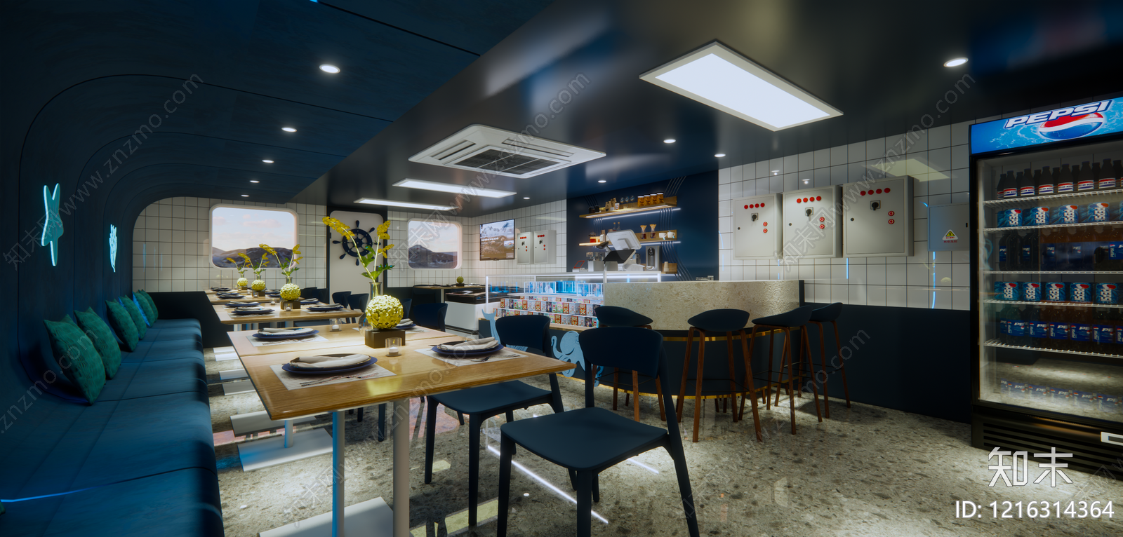 海洋主题现代简约风酒店餐厅SU模型下载【ID:1216314364】