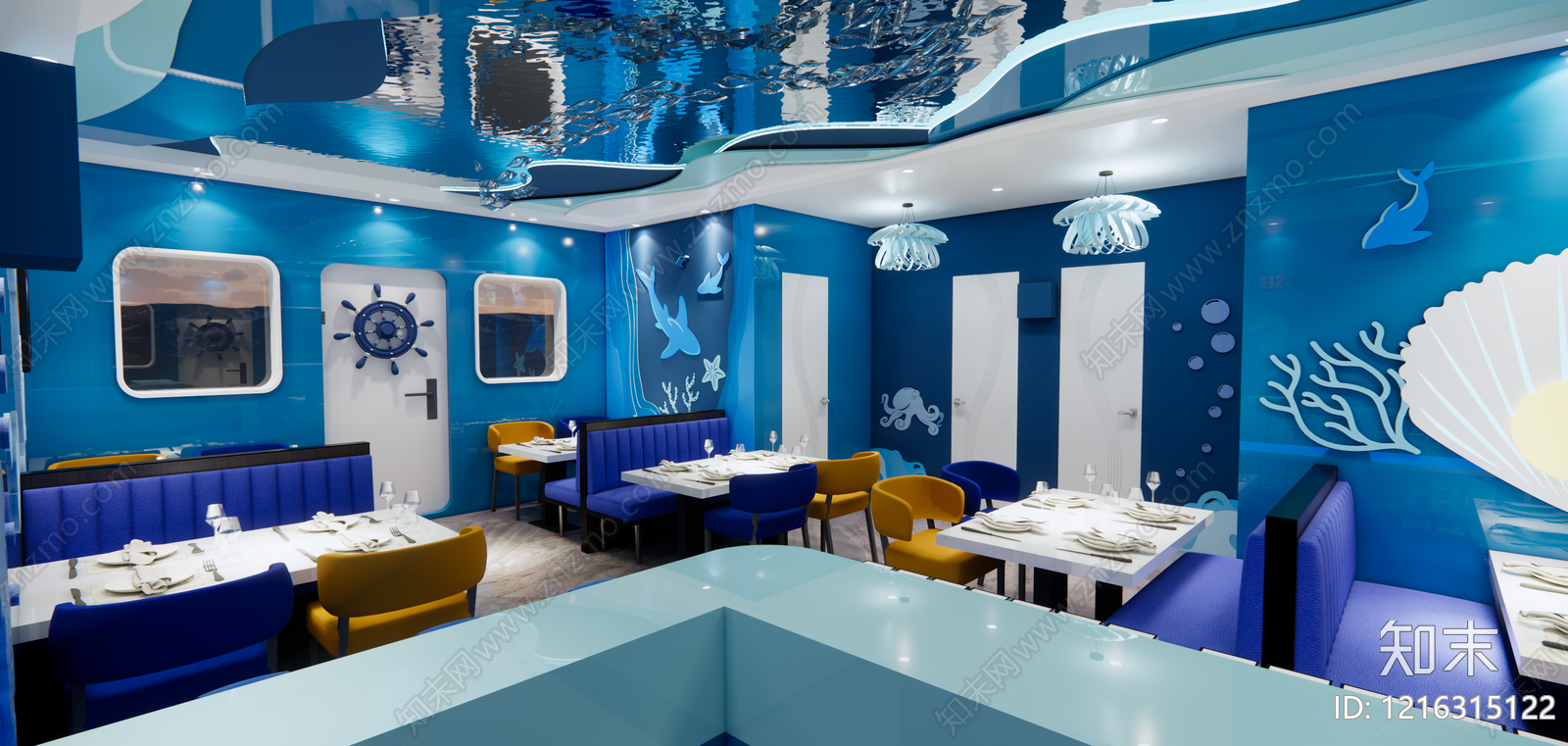 海洋主题风格酒店餐厅SU模型下载【ID:1216315122】