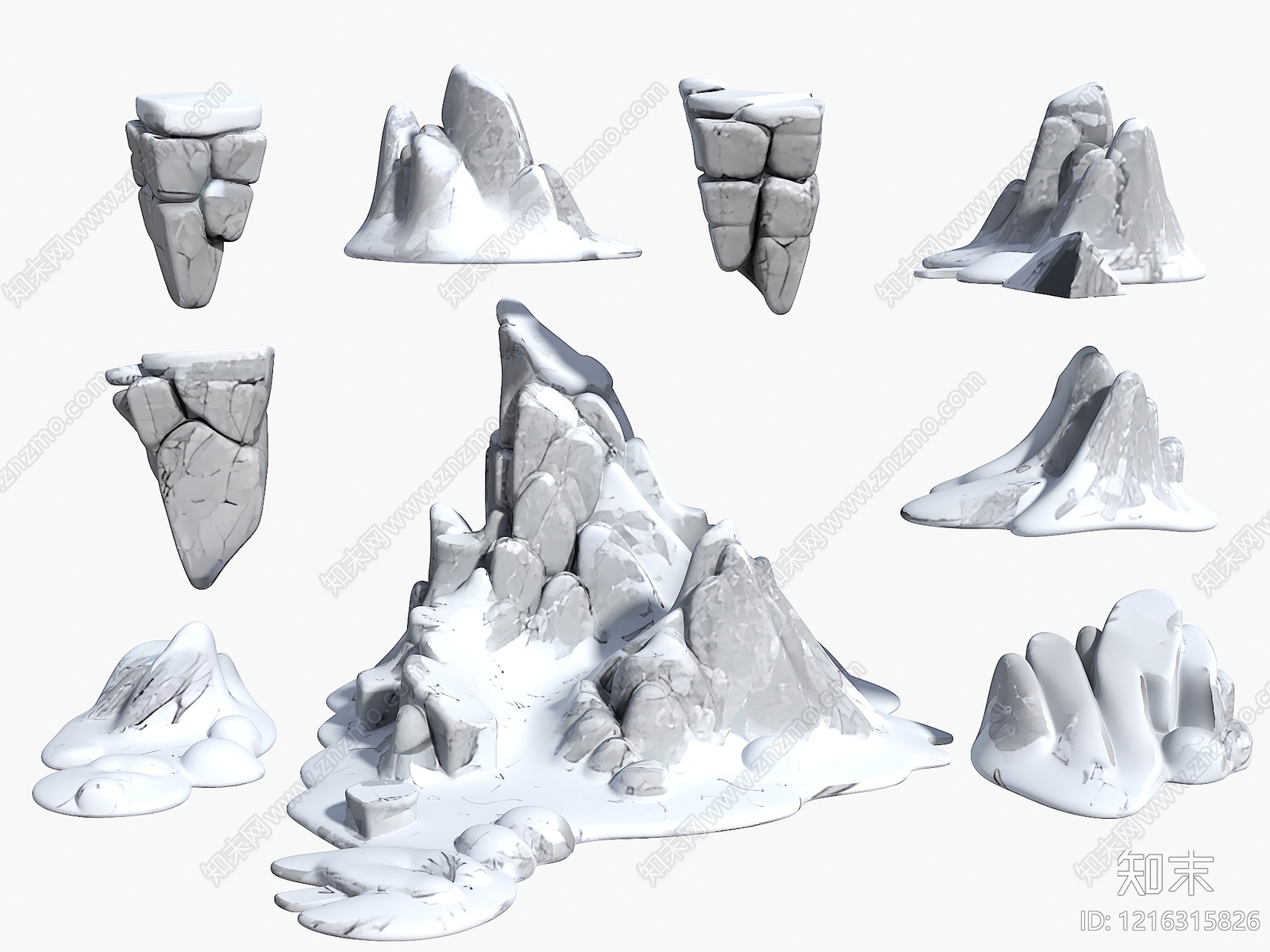 卡通风格化雪山景观石头3D模型渲染效果图