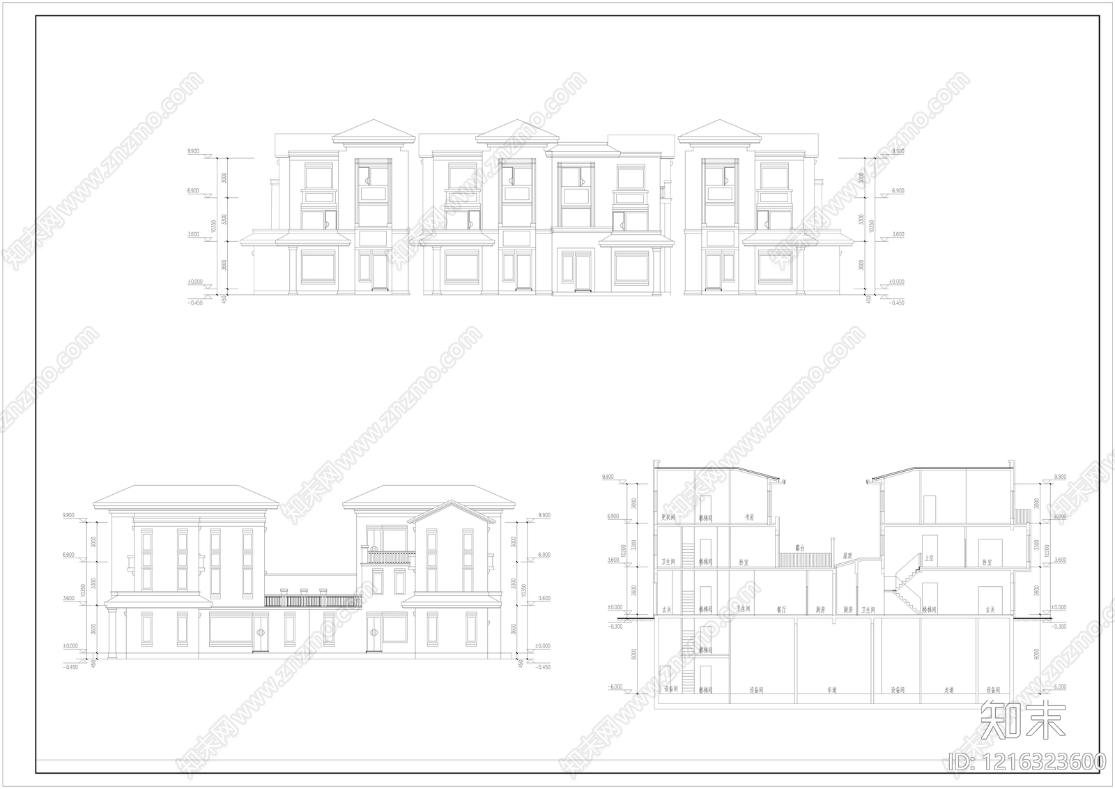 新中式别墅建筑cad施工图下载【ID:1216323600】