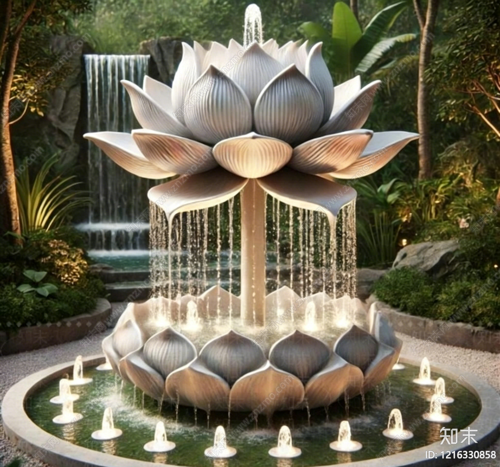 新中式景观喷泉3D模型渲染效果图