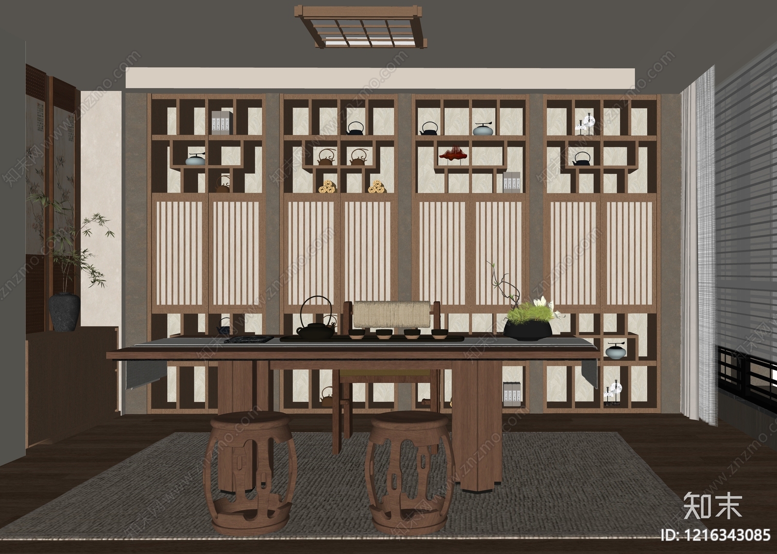 新中式茶室SU模型下载【ID:1216343085】