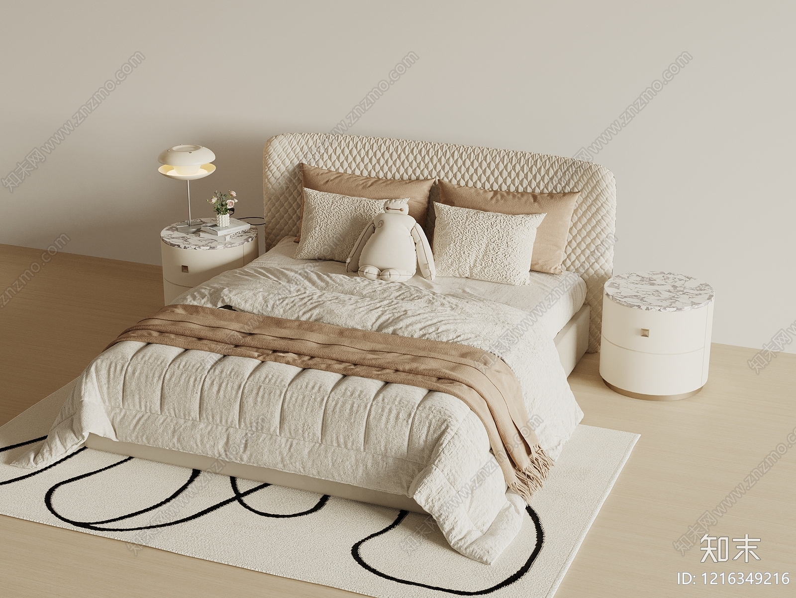 奶油风双人床3D模型下载【ID:1216349216】