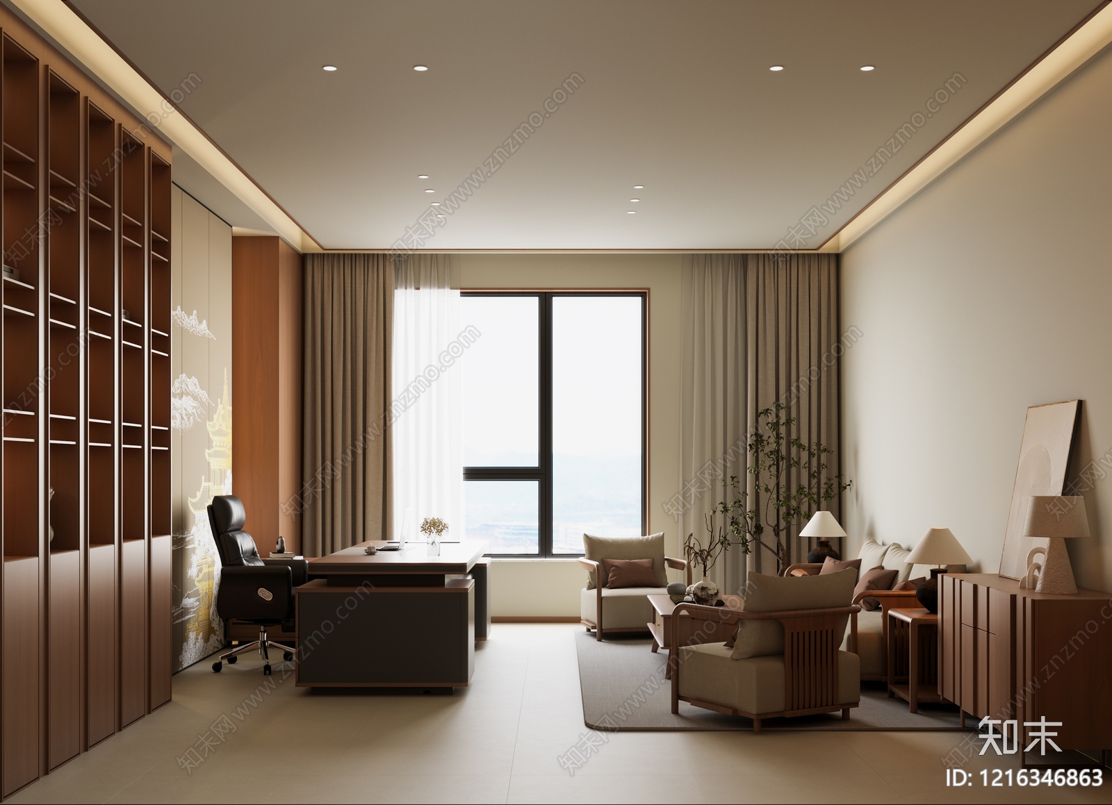 新中式董事长办公室3D模型下载【ID:1216346863】