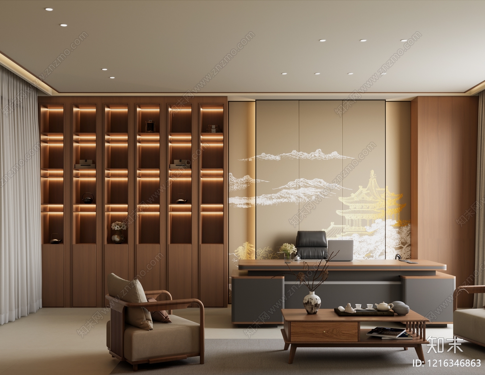 新中式董事长办公室3D模型下载【ID:1216346863】
