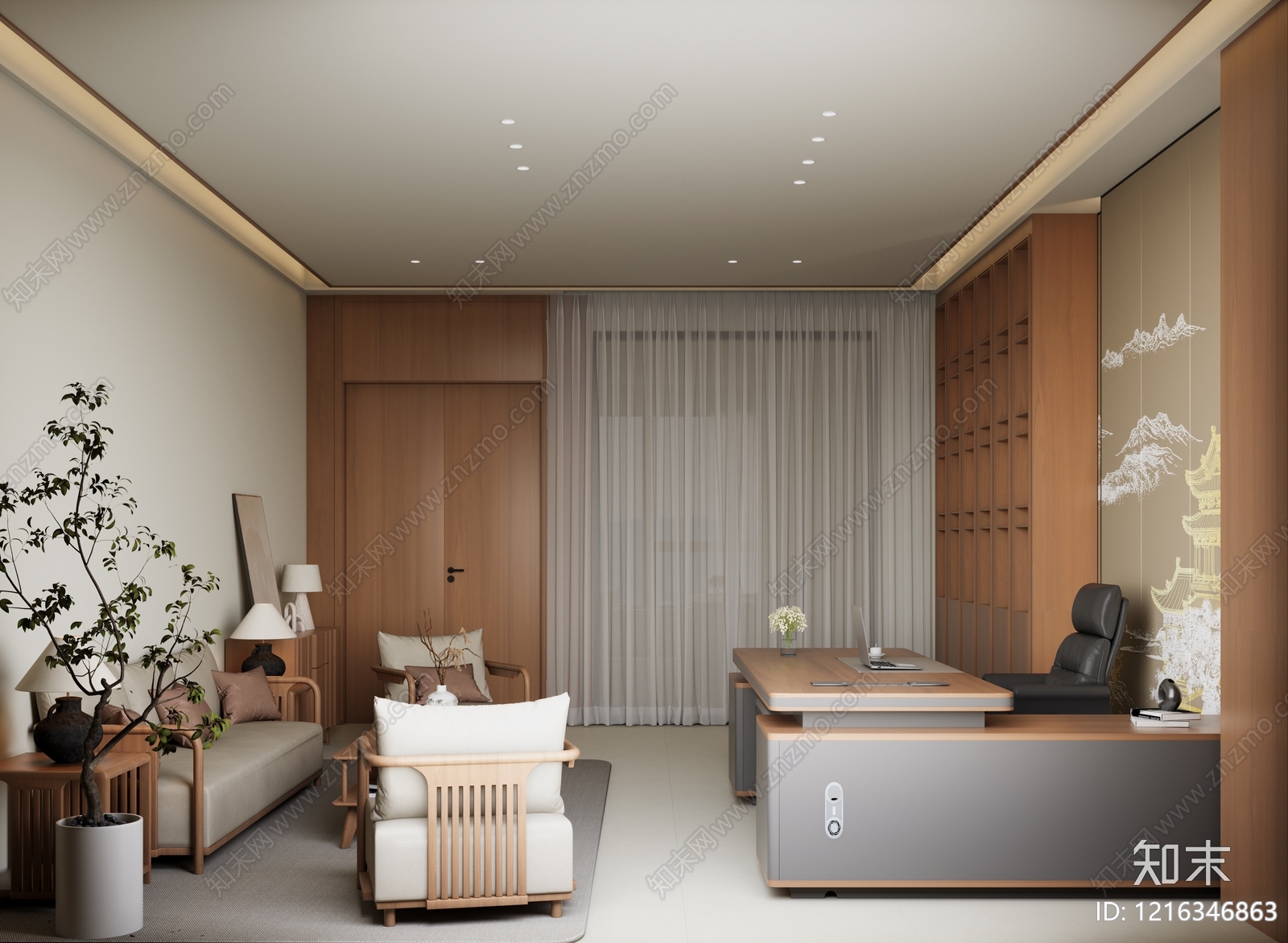 新中式董事长办公室3D模型下载【ID:1216346863】