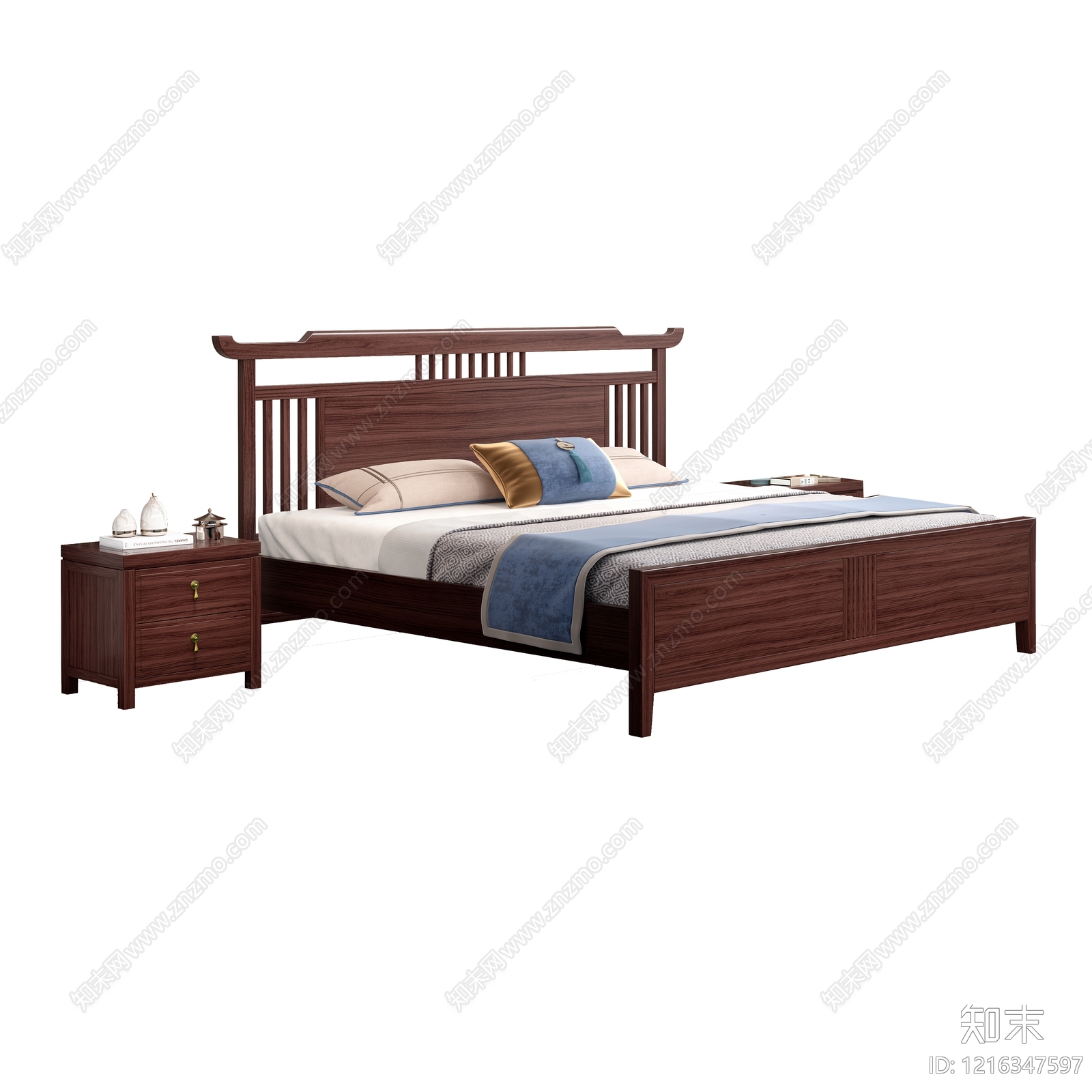 新中式双人床3D模型下载【ID:1216347597】