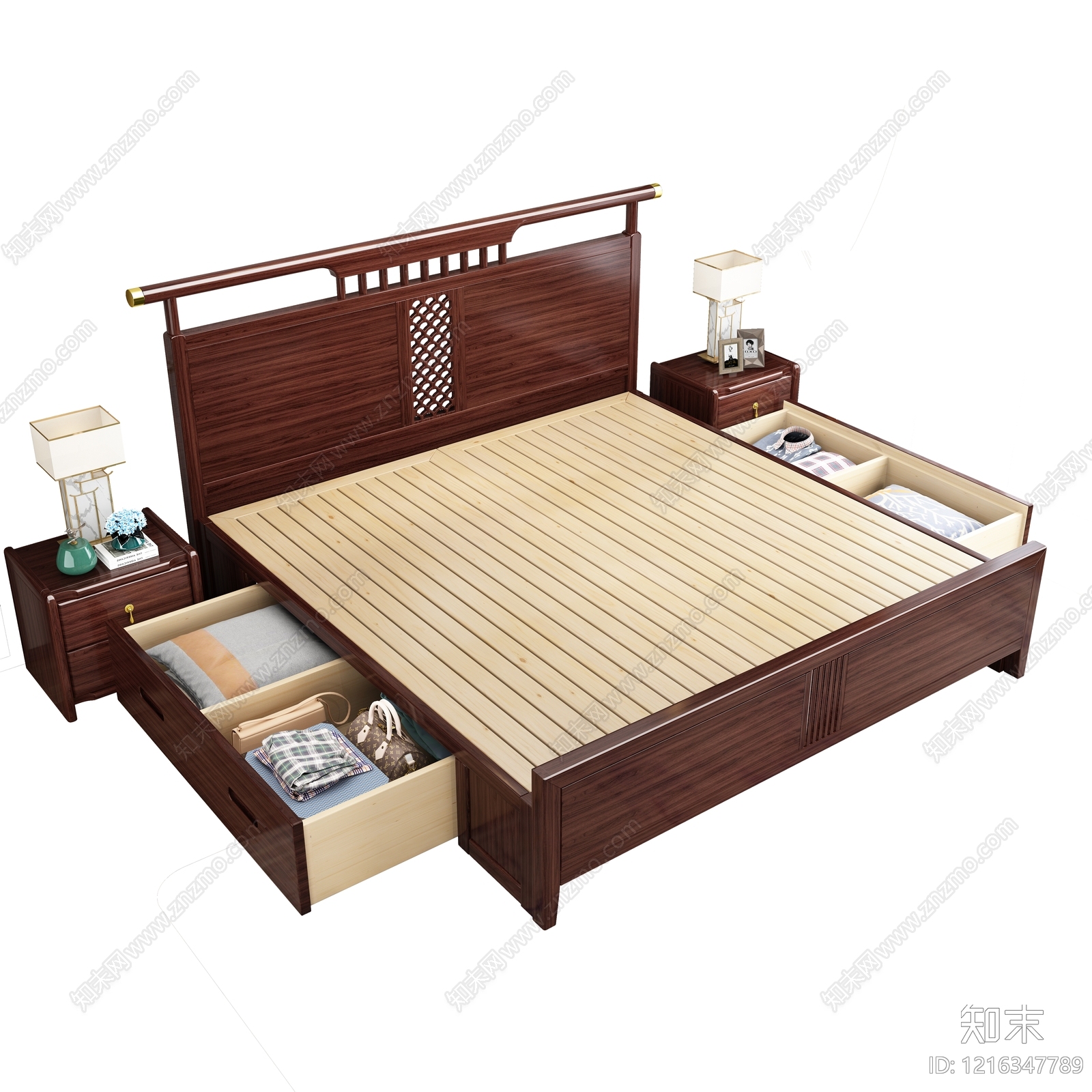 新中式双人床3D模型下载【ID:1216347789】