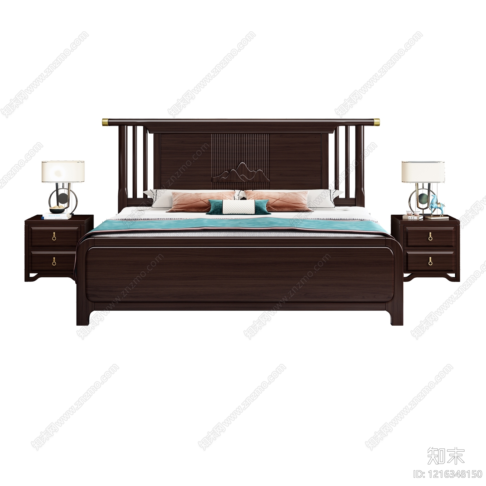 新中式双人床3D模型下载【ID:1216348150】