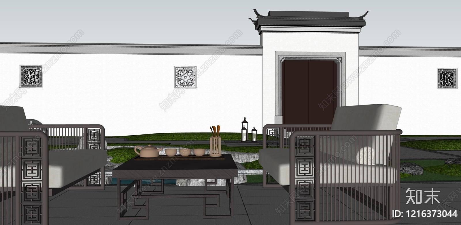 新中式别墅庭院SU模型下载【ID:1216373044】