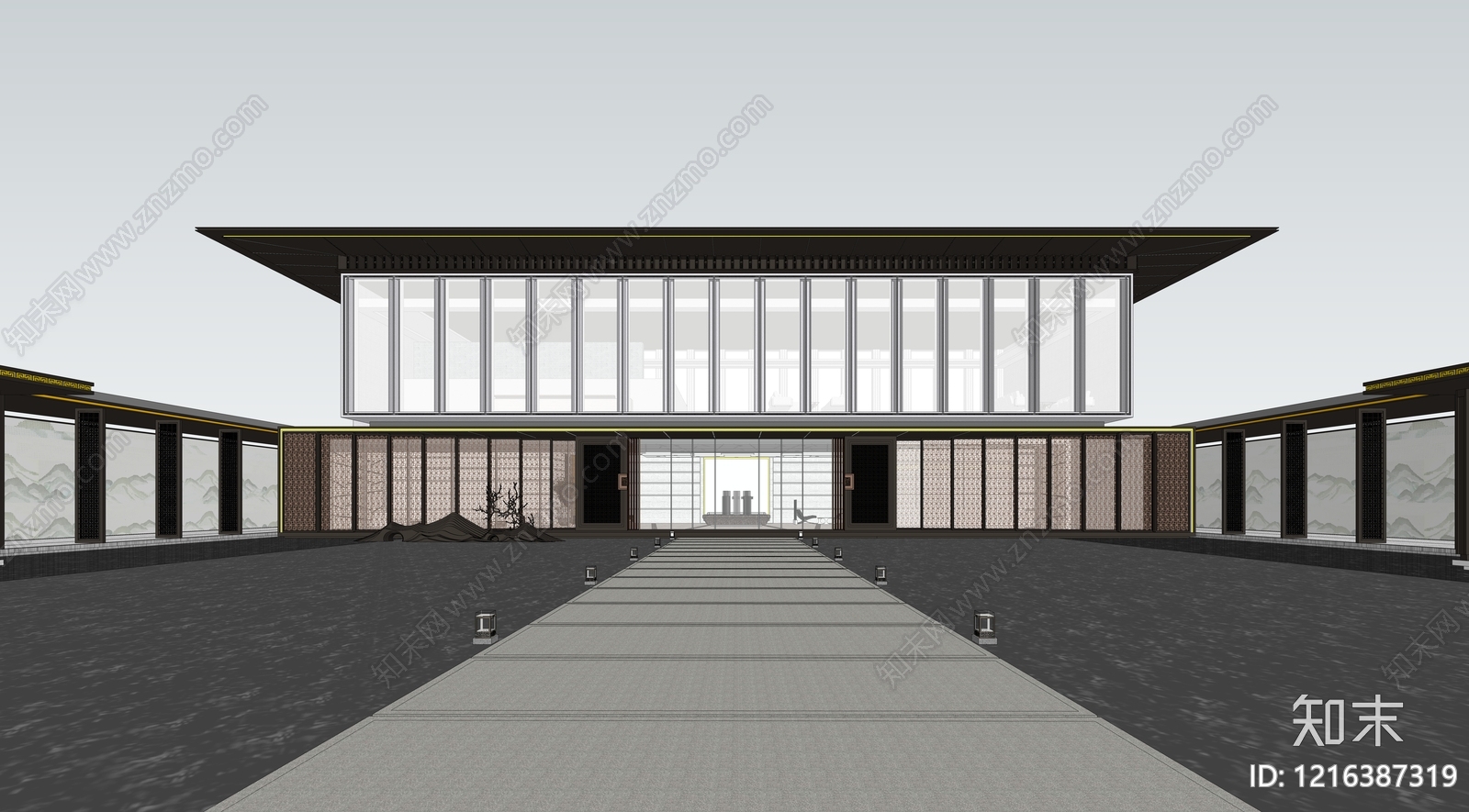 新中式售楼处建筑SU模型下载【ID:1216387319】