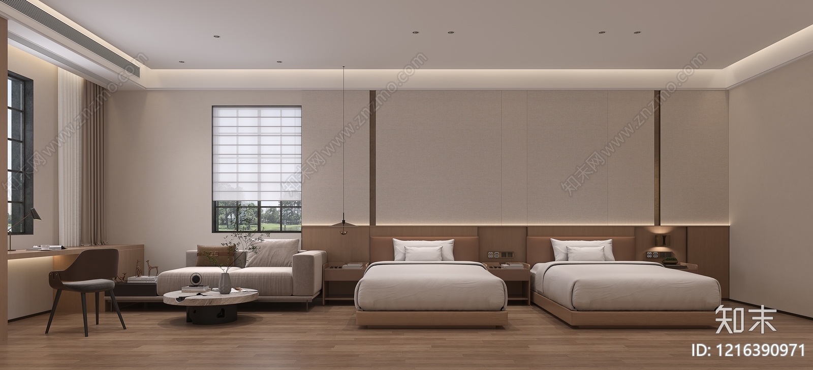 日式极简酒店客房3D模型下载【ID:1216390971】