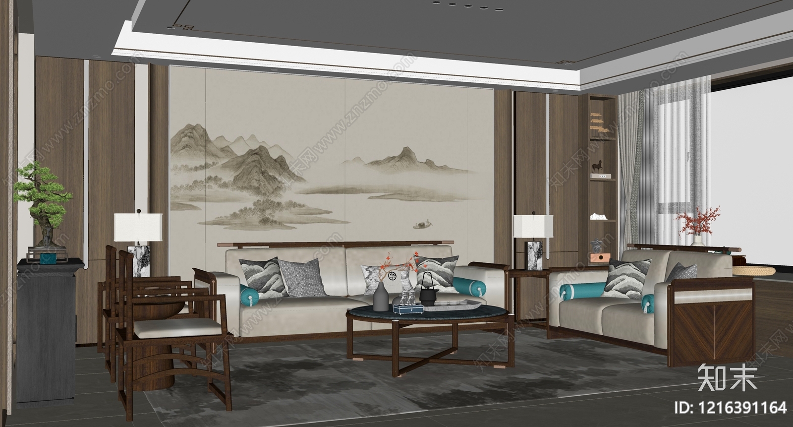 新中式家居客厅SU模型下载【ID:1216391164】