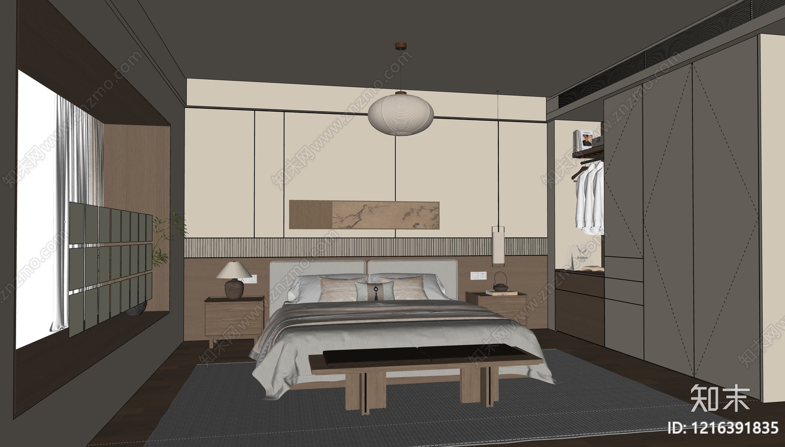 新中式主卧SU模型下载【ID:1216391835】