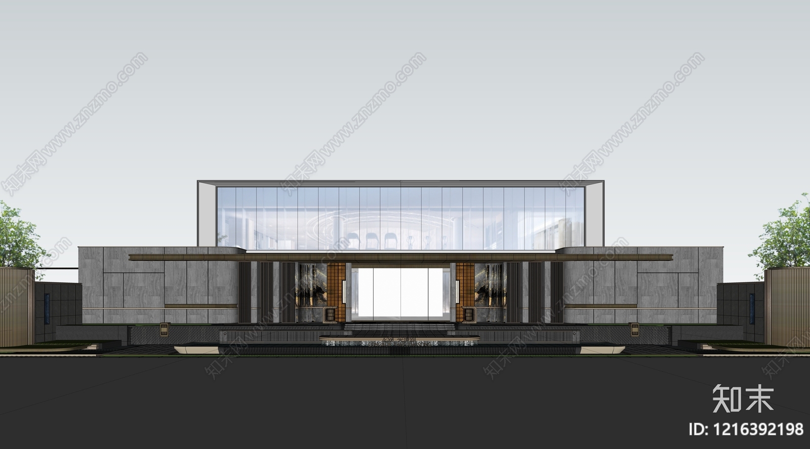 新中式售楼处建筑SU模型下载【ID:1216392198】