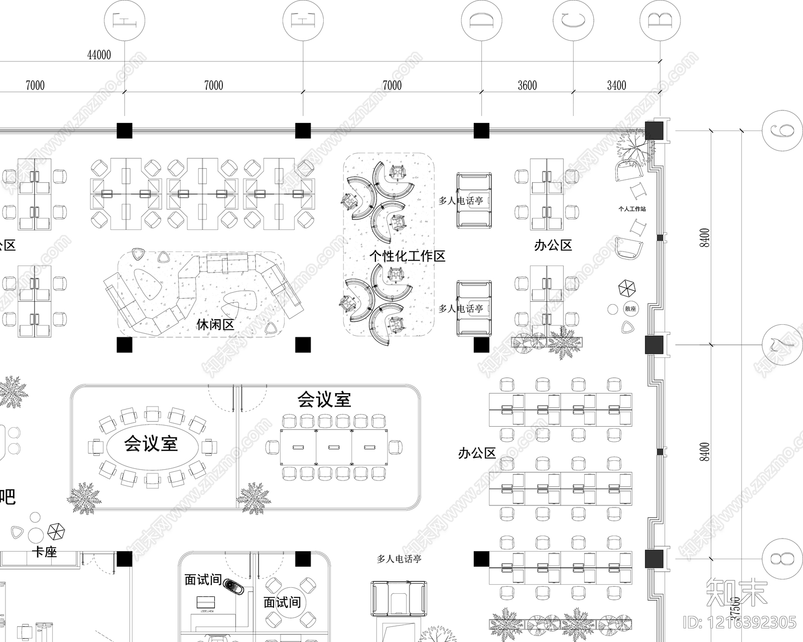 现代开放办公室cad施工图下载【ID:1216392305】