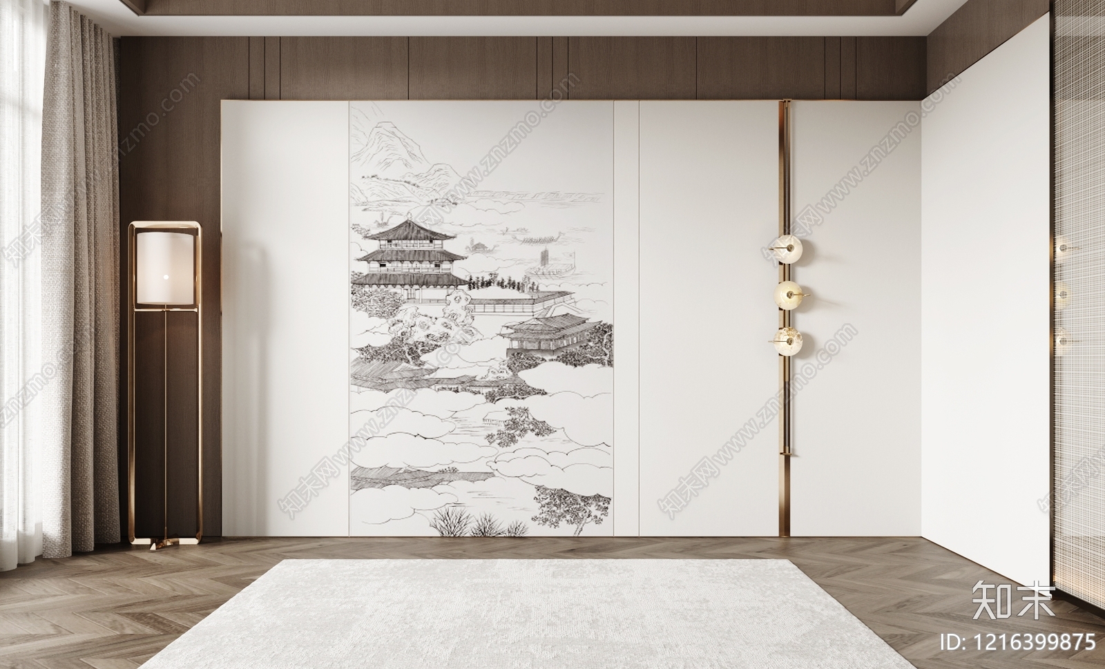 新中式床头背景墙3D模型下载【ID:1216399875】