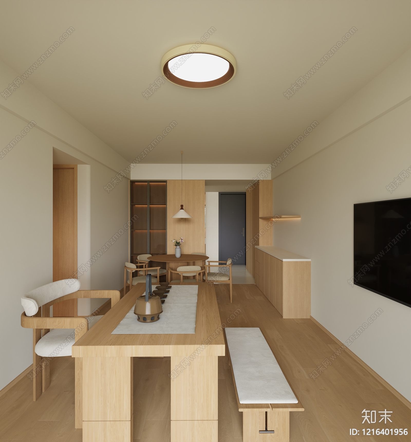 日式原木风家居客厅3D模型渲染效果图