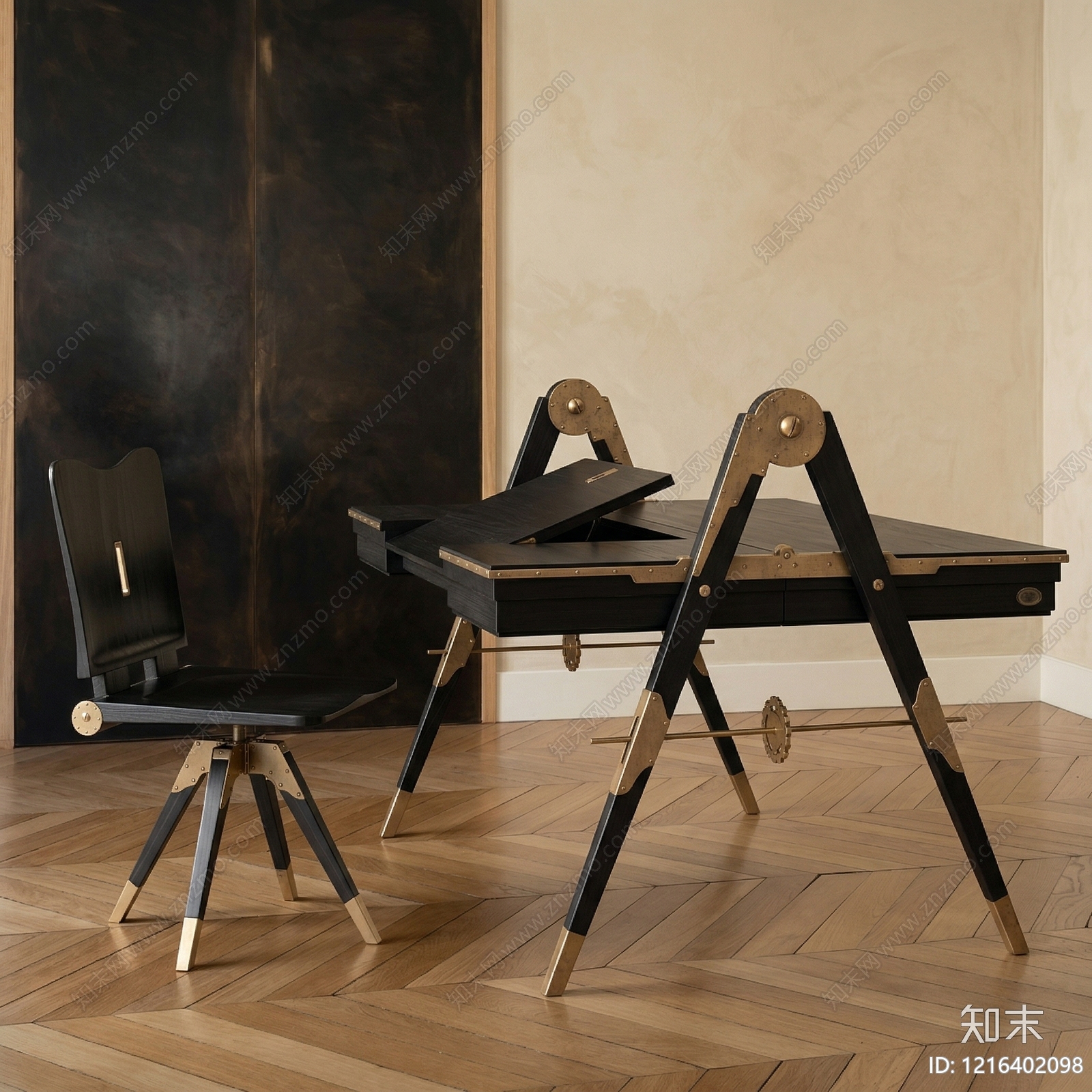 工业复古风书桌椅3D模型下载【ID:1216402098】