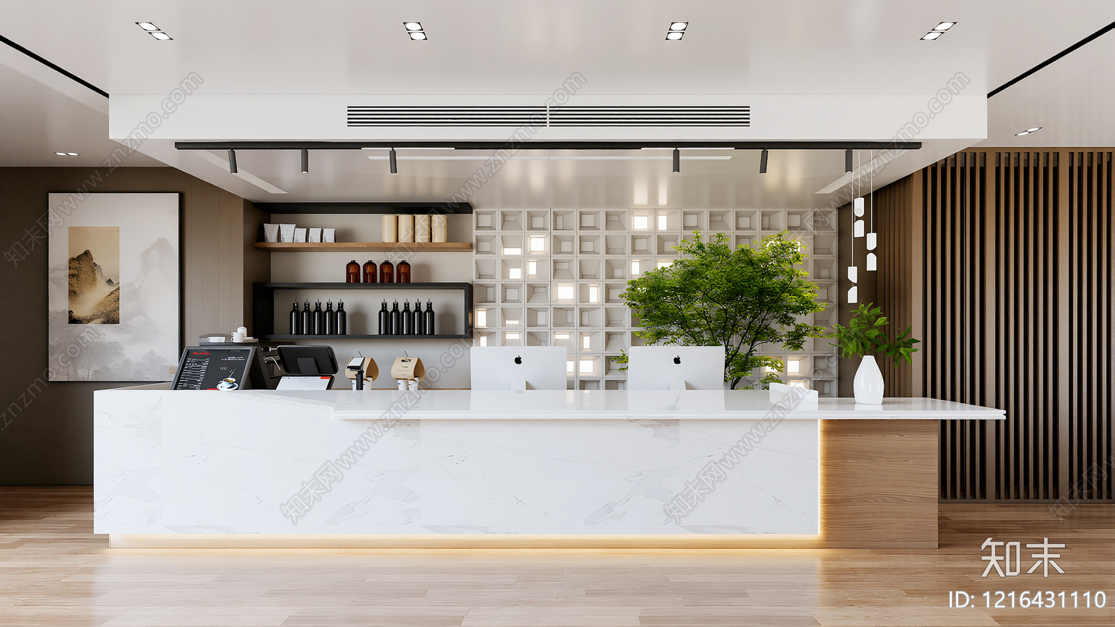 新中式办公大堂SU模型下载【ID:1216431110】