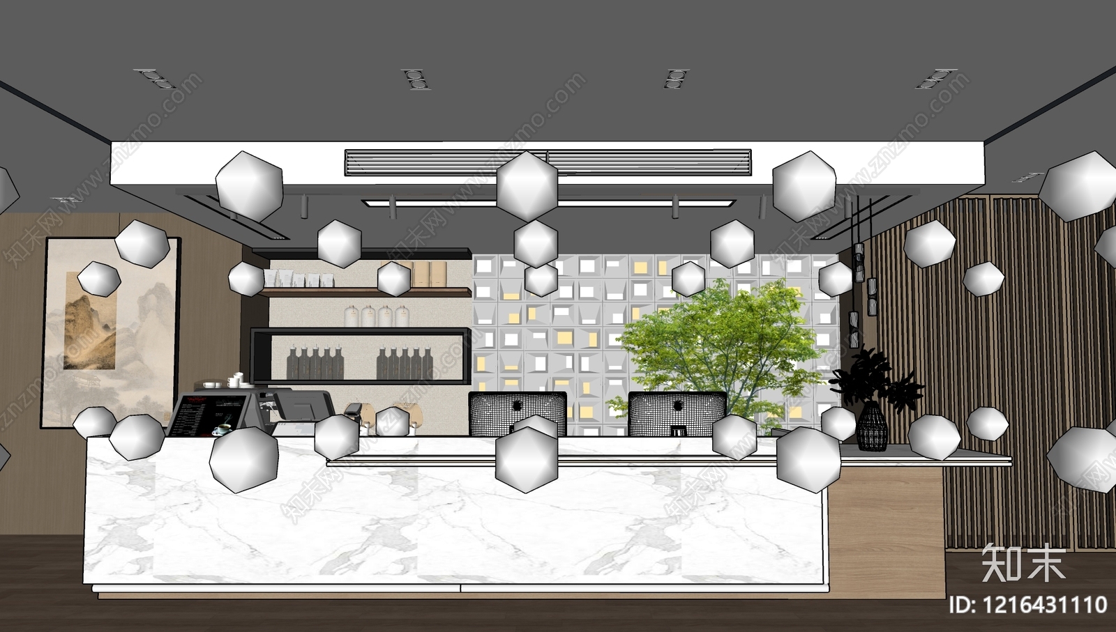 新中式办公大堂SU模型下载【ID:1216431110】