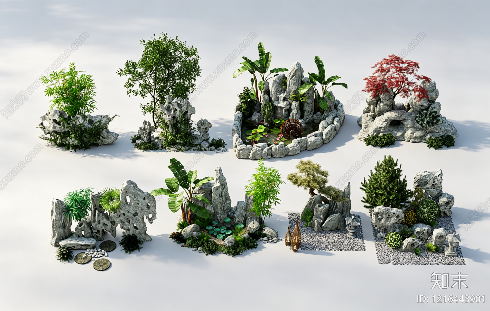 新中式景观假山水景3D模型下载【ID:1216443901】