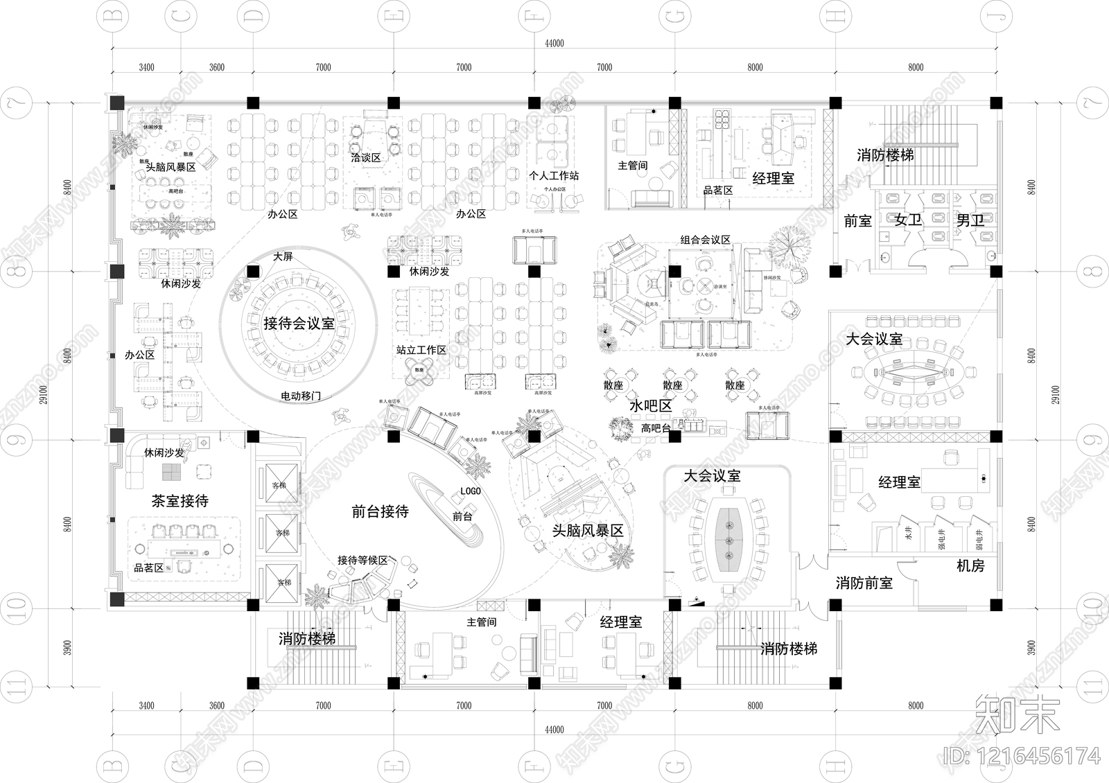 简约开放办公室施工图下载【ID:1216456174】