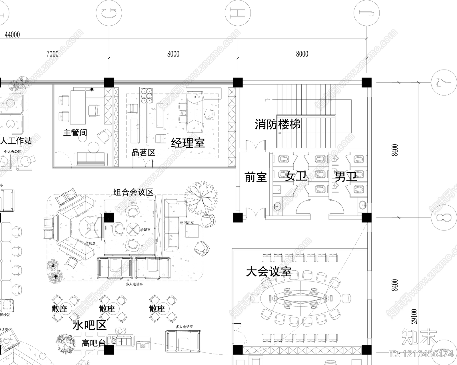 简约开放办公室cad施工图下载【ID:1216456174】