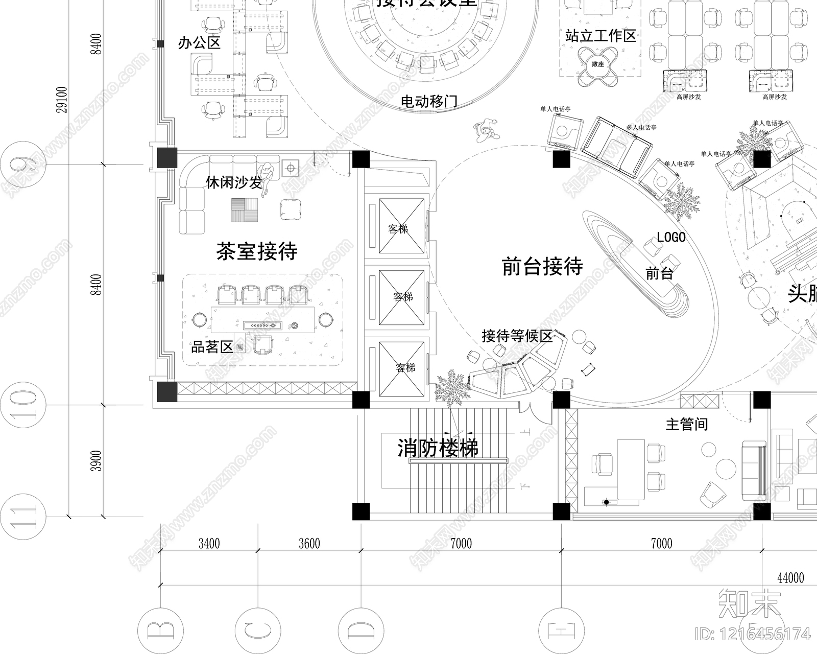 简约开放办公室cad施工图下载【ID:1216456174】