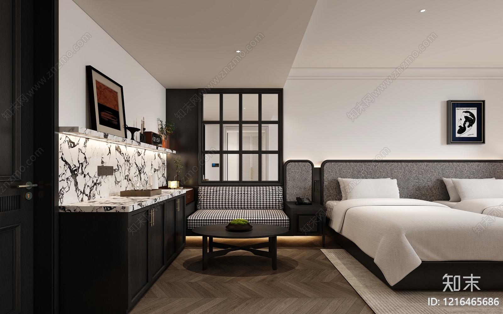 现代复古酒店客房3D模型下载【ID:1216465686】