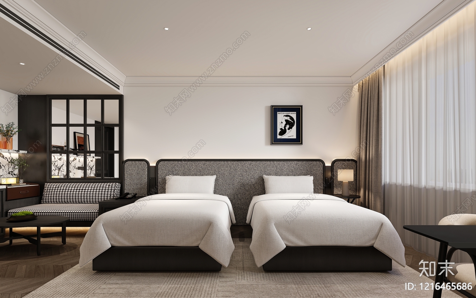 现代复古酒店客房3D模型下载【ID:1216465686】