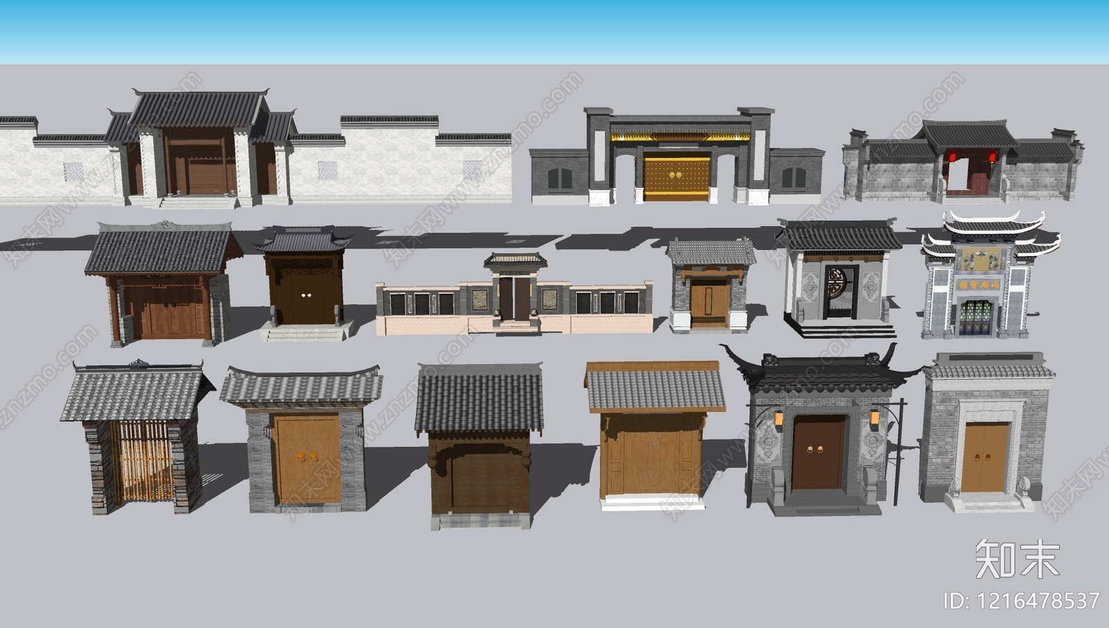 新中式门头建筑SU模型下载【ID:1216478537】