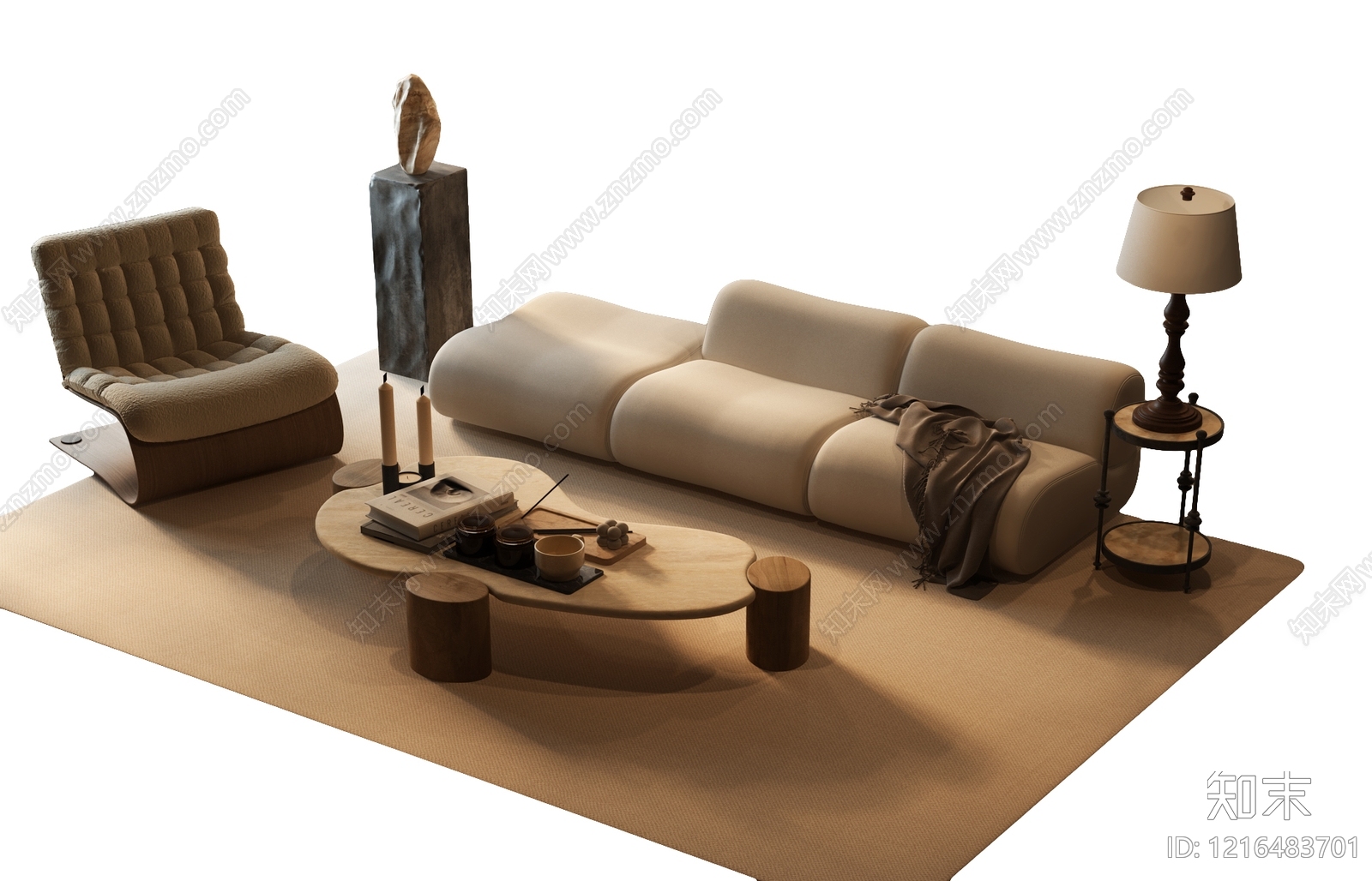 奶油风云朵沙发组合SU模型下载【ID:1216483701】