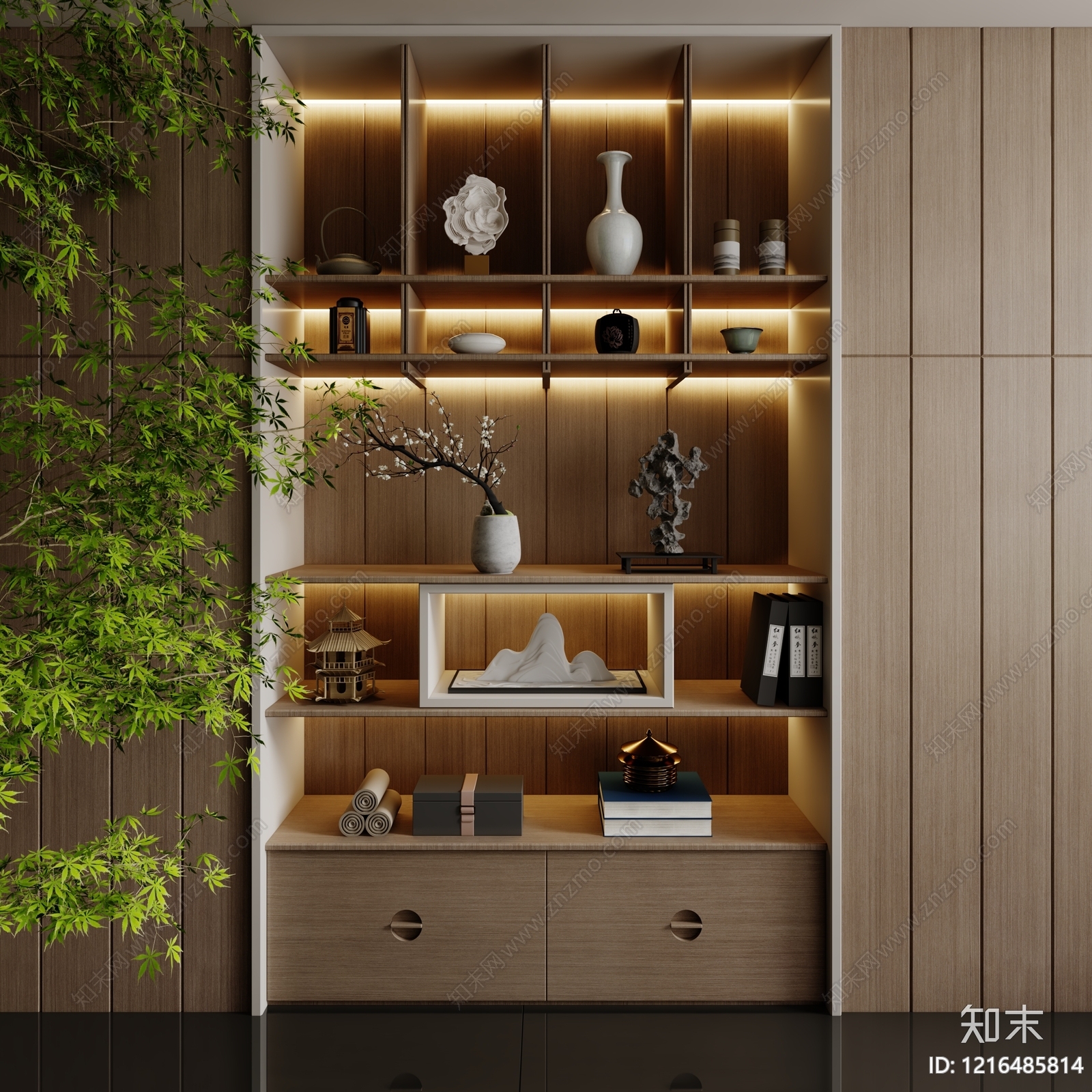 新中式书柜3D模型下载【ID:1216485814】