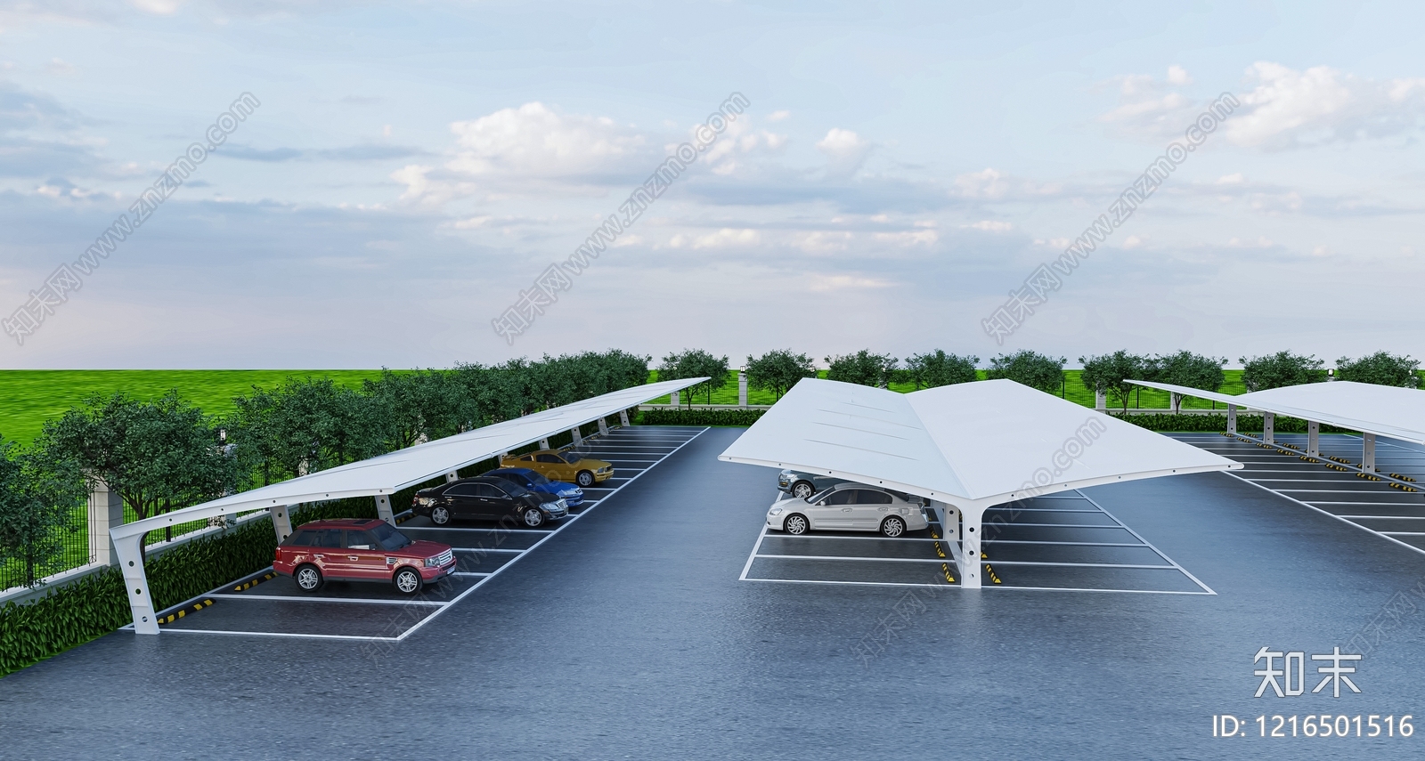 现代简约户外停车场3D模型渲染效果图