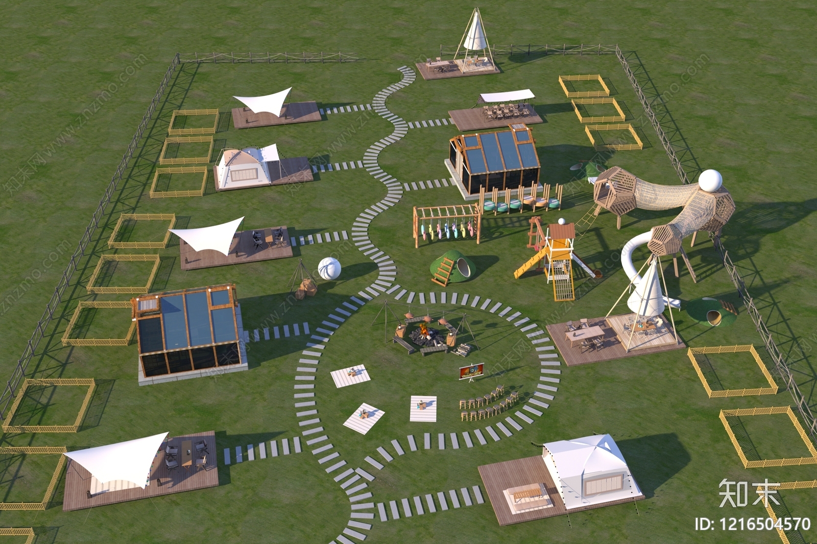 现代露营风房车营地3D模型渲染效果图