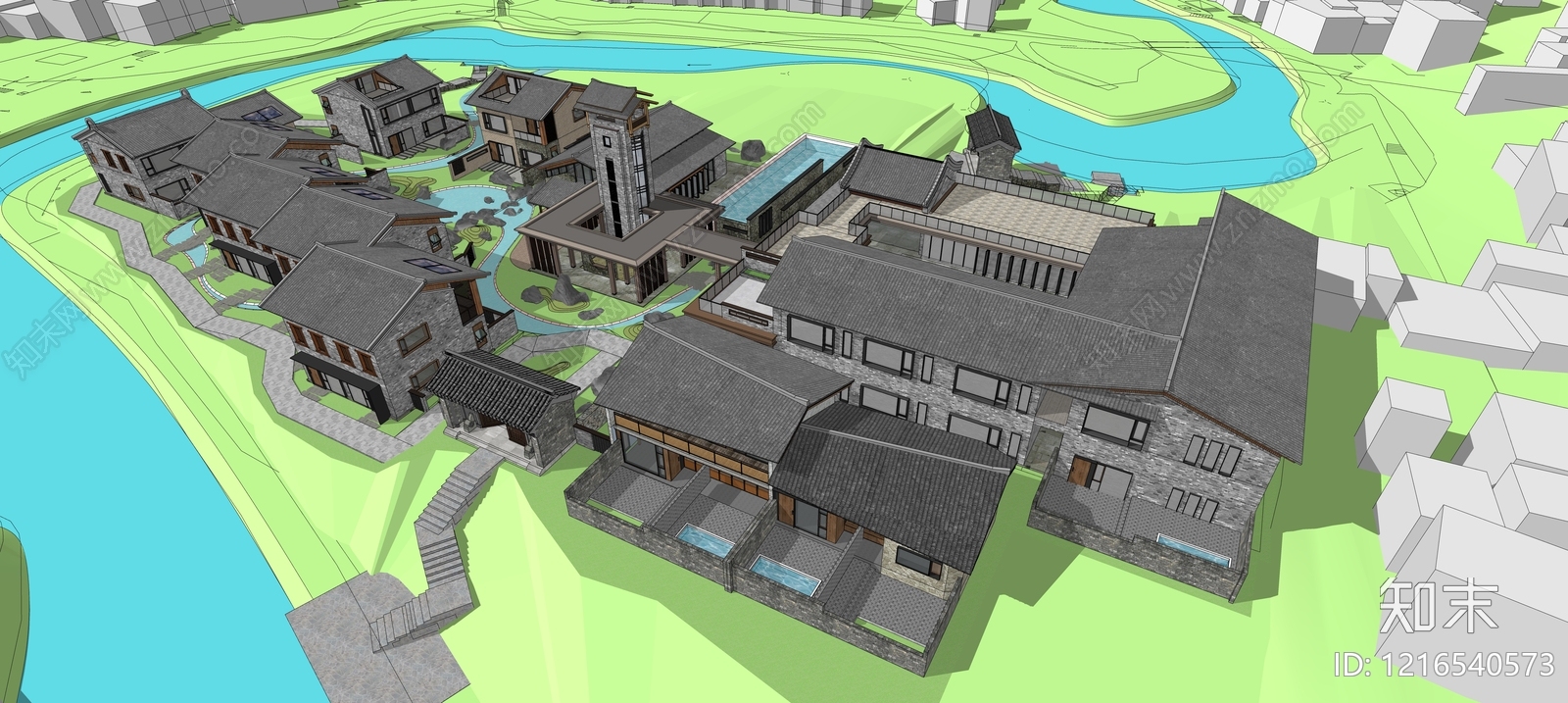 新中式民宿建筑SU模型下载【ID:1216540573】