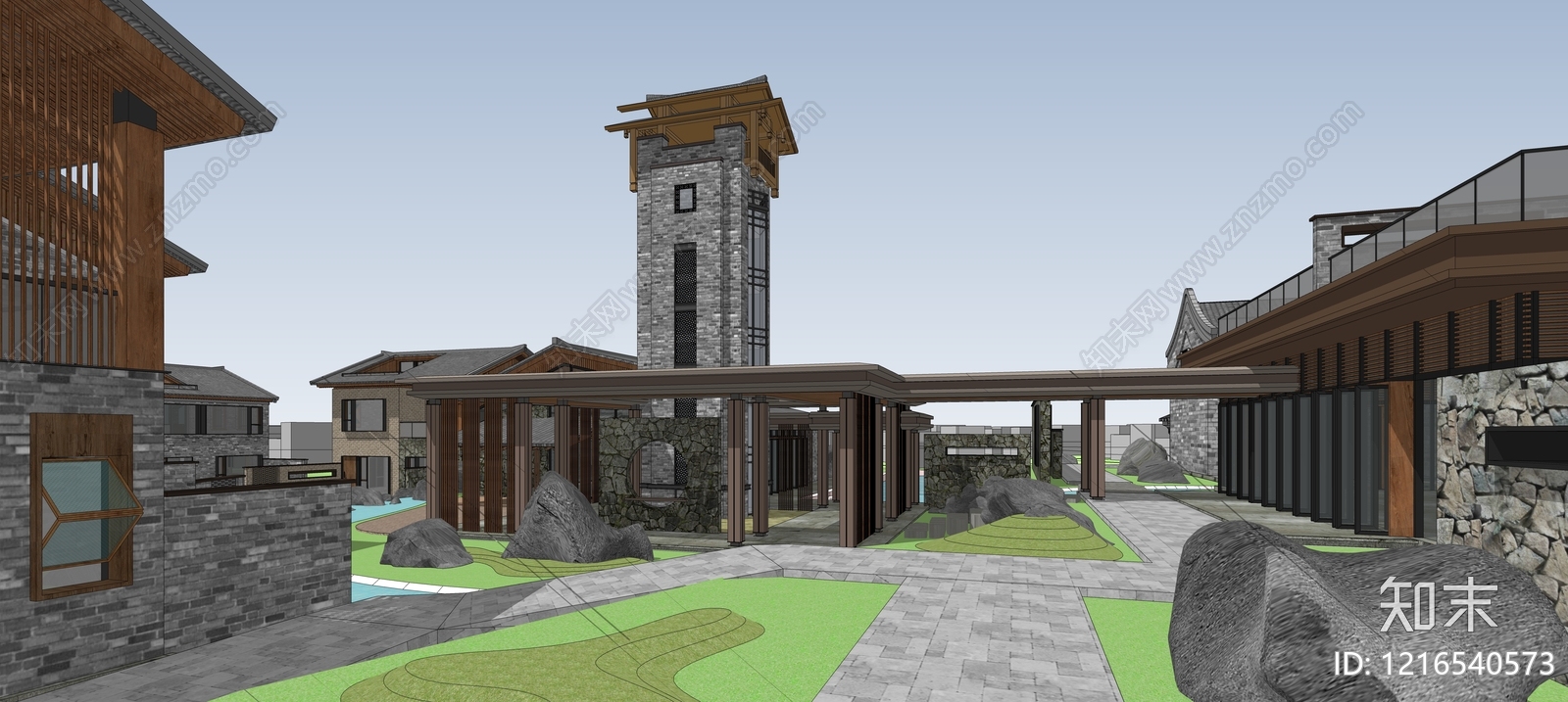 新中式民宿建筑SU模型下载【ID:1216540573】